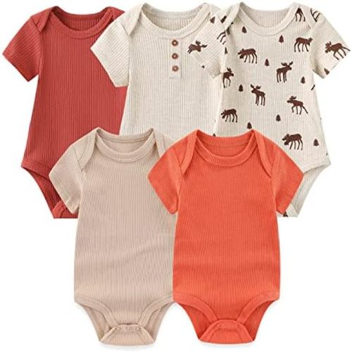 MAMIMAKA Newborn Baby Short Sleeve Bodysuit Cotton One-Piece Baby Clothes 5-Pack, 0-12 Months