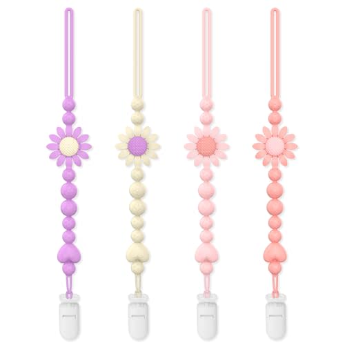 Pacifier Clip, 4 Pack Silicone Pacifier Clip with One Piece Design for Newborn Boys and Girls, Floral Patterns Pacifier Holder Clip Fits for Most Pacifier, Baby Teethers, Baby Shower