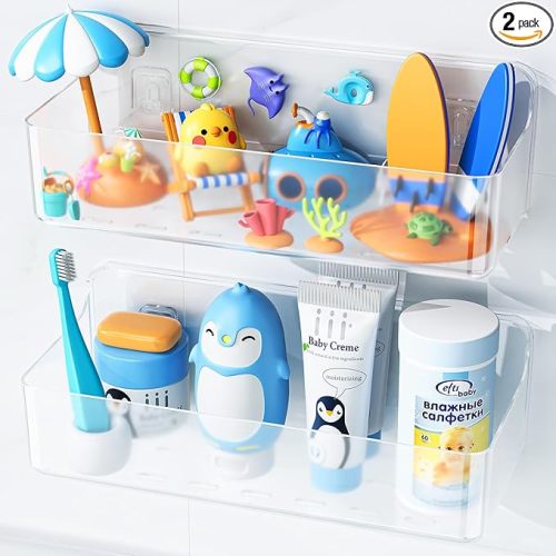 Nieifi Bath Toy Storage, Large Capacity Bath Toy Organizer, Adhesive Shower Caddy for Baby Bathroom Bathtub, Clear (2 Large)