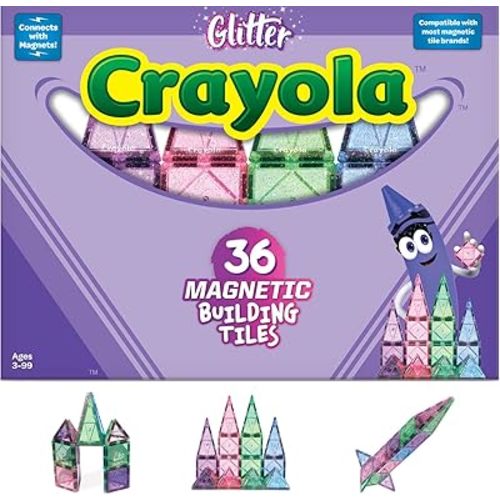 CreateOn Crayola Glitter Magnetic Tiles, Building Set for Kids, Magnetic Building Toys for Kids, STEM Easter Toys for Boys and Girls Ages 3 and Up, 36-Piece Set (Glitter)