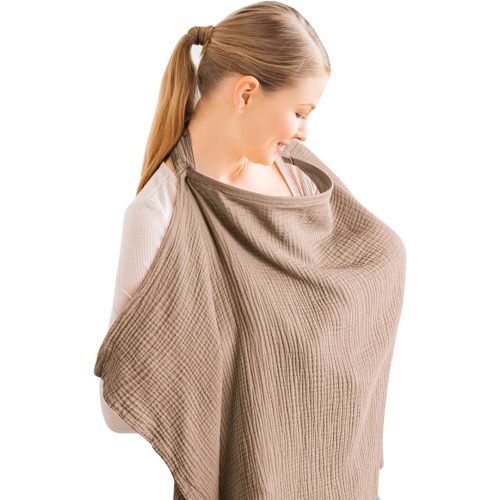 Konssy Muslin Nursing Cover for Baby Breastfeeding, Breathable 100% Cotton Breastfeeding Cover with Rigid Hoop for Mother Nursing Apron, Multi-use Carseat, Brown