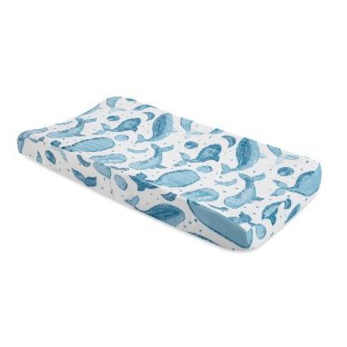 Crane Baby Cotton Quilted Changing Pad Cover - Caspian Whales: Blue White Animal Design, 32" x 16" Bedding Accessory