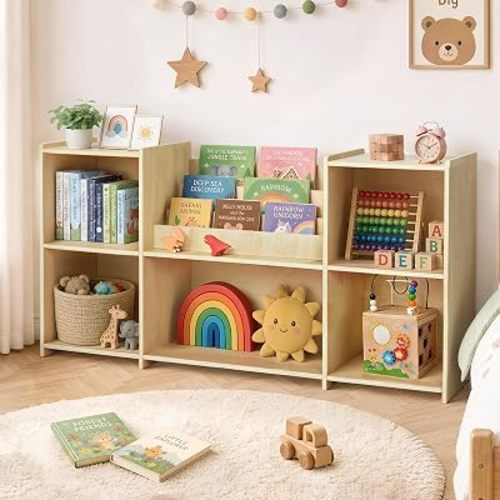 Montessori Bookshelf for Kids, Wooden Toy Storage Organizer