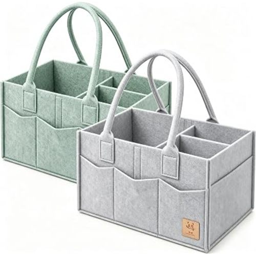 HIPHOP PANDA 2-Pack Diaper Caddy Organizer - Nursery Storage Bin & Car Organizer for Diapers, Wipes, and Baby Essentials - Dual-Color Solid Set (Grey/Green), Large Size
