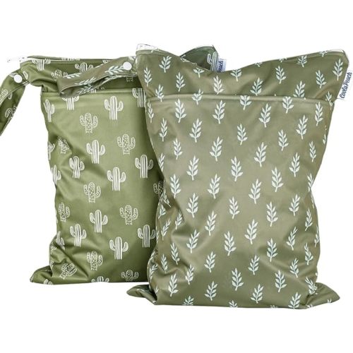 2 pcs/set Wet Dry Bags for Baby Cloth Diapers - Reusable, Washable Stroller, Diaper, Toiletries, Travel, Beach, Pool, Gym Bag with Two Zippered Pockets 11.8 * 15.7 inch (Green, Cactus)