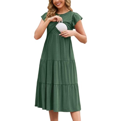 GINKANA Women Nursing Dress Flutter Sleeve Midi Dress Crew Neck Nursing Friendly Dresses Loose Flowy Maternity Beach Dress