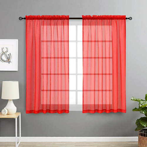 Basic Home Rod Pocket Sheer Voile Window Curtains - Red, 45 in. Long