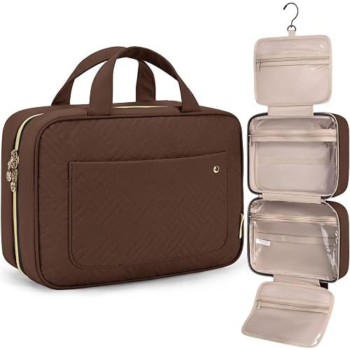 BAGSMART Toiletry Bag Travel Bag with Hanging Hook, Water-resistant Makeup Cosmetic Bag Travel Organizer for Accessories, Shampoo, Full-size Container, Toiletries (Coffee, Large)
