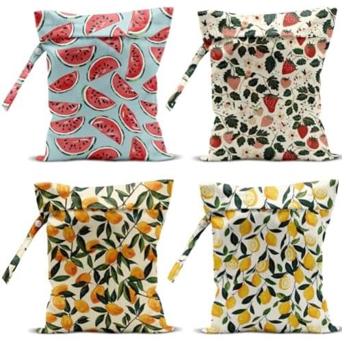4 Pack Cute Fruit Wet Bag Waterproof Washable Reusable Wet Dry Bag for Swimsuit Clothes Cloth Diaper Travel Beach Pool Yoga Gym Toiletries Travel Beach Essentials Lemon Strawberry Watermelon