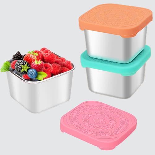HyStarsigo Set of 3 Stainless Steel Snack Containers for Kids (6oz), Leak Proof Stackable Small Metal Food Containers with Silicone Lids, Stainless Steel Lunch Box for Toddlers and Kids