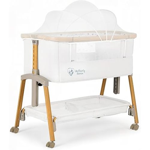 Baby Bassinet Bedside Sleeper, Portable Crib for Newborns, Adjustable 7-Height Auto-Lock, with Wheels, Soft Mattress & Breathable Mesh (White - with Mosquito Net)