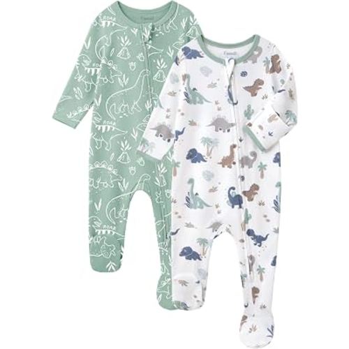 FIEMOL Baby Sleepers 100% Cotton Footie Pajamas, Newborn 0-3 3-6 6-9 Months with 2-Way Zipper, 2pcs PJs Baby Boy Clothes