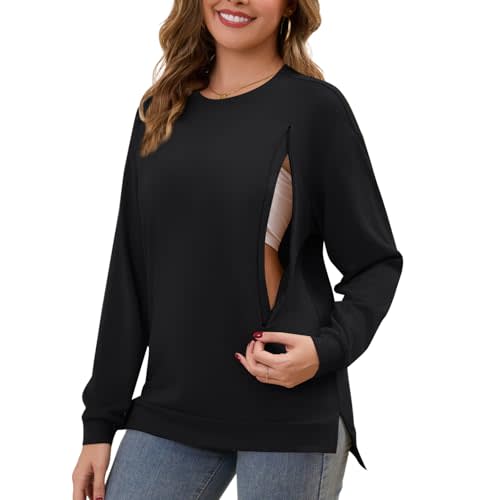 Women Nursing Sweatshirt for Breastfeeding Hidden Zippers Nursing Tops Long Sleeve Comfortable Maternity Sweater