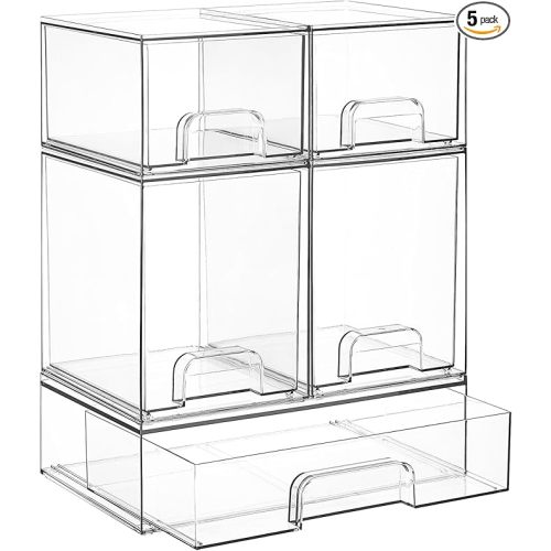 Vtopmart Stackable Storage Drawers Set of 5, Clear Plastic Organizer Bins for Baby Bottle, Beauty Supplies Storage, Ideal for Kichen Countertop, Vanity, Bathroom, Cabinet, Pantry Organization