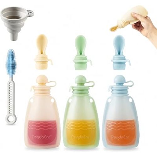 PandaEar 3 Pack Silicone Baby Food Pouches, Reusable Squeeze Pouches for Toddler with 3 Silicone Puree Feeder Spoon, BPA-Free Silicone Refillable Infant Food Storage, 5 oz (Beige&Blue&Green)