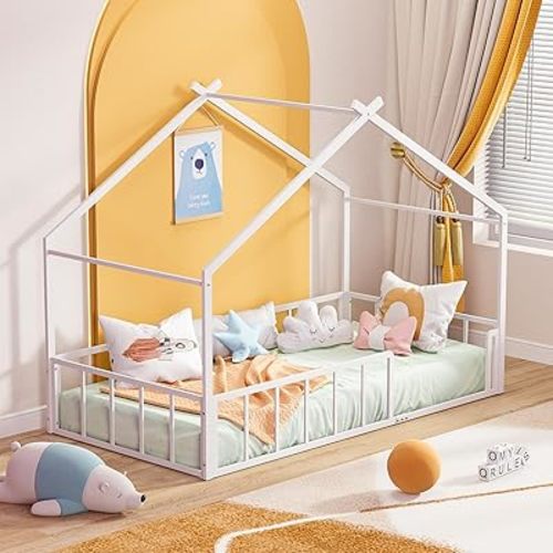 Timy Twin Size House Shape Bed Frame Montessori House Bed with High Rails 1 Safe Opening Gate