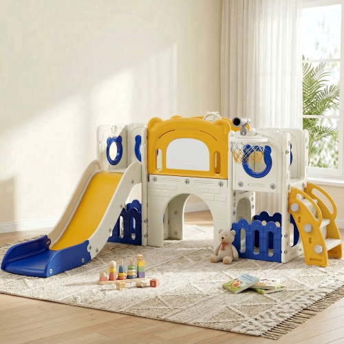 Pirecart 10-in-1 Kid Climber Slide,Toddler Slide Set with Basketball Hoop and Ball, Drawing Board, Non-Slip Steps, Indoor Outdoor Playground for Age 3+, Yellow Blue