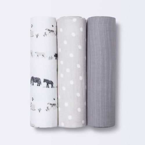 Muslin Swaddle Blankets 3pk - Cloud Island™ Two by Two Animals: Cotton, 47" x 47", Logo Pattern, 180 Thread Count