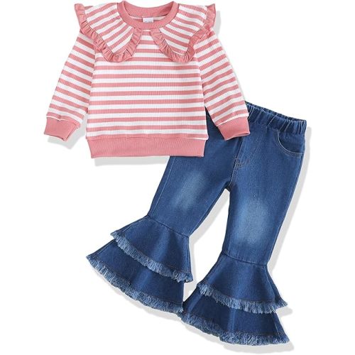 Toddler Baby Girl Clothes Kids Outfits Ruffle Heart Sweatshirt Jeans Denim Pants Set Little Girls Clothing