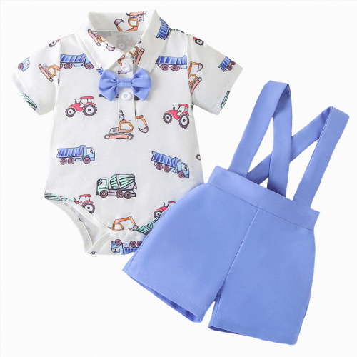 mgoYE Baby Boy Clothes Truck Short Sleeve Button Shirt Romper Suspender Shorts Set Summer Clothes (Blue,0-3 Months)