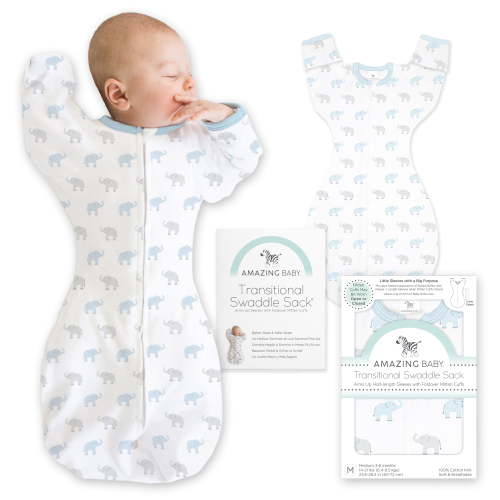 Amazing Baby Transitional Swaddle Sack with Arms Up Half-Length Sleeves and Mitten Cuffs, Better Sleep for Baby Boy, Tiny Elephants, Blue, Small, 0-3 Mo, 6-14 lbs