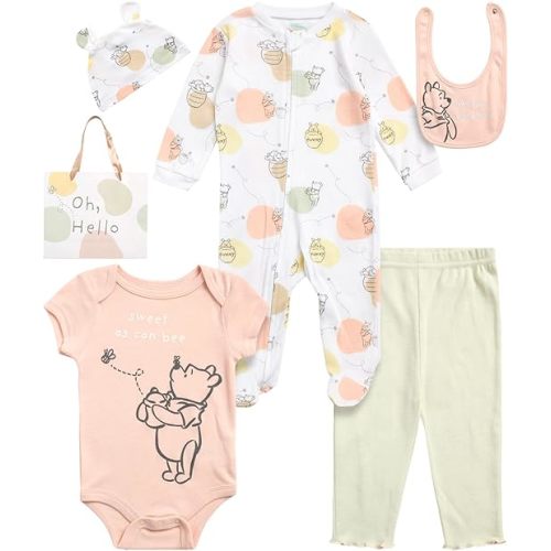 Disney Newborn Baby Girl Boy Clothes - 7 Piece Mickey Mouse Winnie the Pooh Bib Onesie Overall Beanie Pants Gift Bag Gift Set