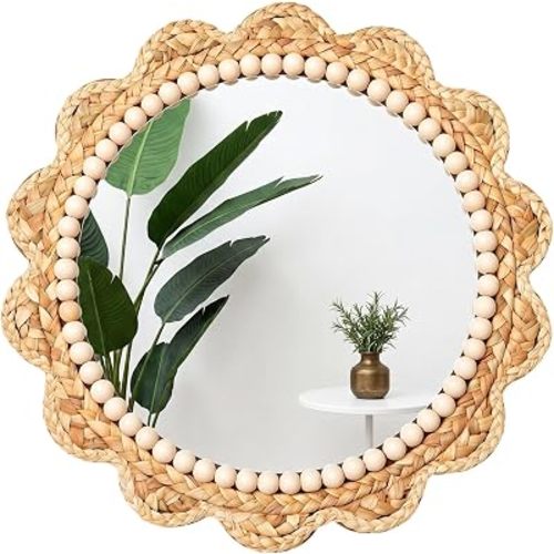 Glooglitter 15 Inch Boho Scalloped Wall Mounted Mirror Decorative Circle Wavy Rattan Hanging Mirror Farmhouse Wicker Wall Decor for Farmhouse, Bathroom, Living Room, Bedroom, Nursery, Entryway Decor