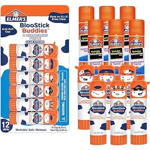 Elmer's Glue Sticks Combo Pack, BlooStick Buddies & Disappearing Purple, 6 Grams, 12 Count - Kids School Supplies, Arts & Crafts, #1 Teacher Brand