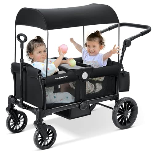 ELEMARA Wagon Stroller for 2 Kids, Premium All-Terrain Stroller with Canopy, Adjustable Push/Pull Handle Bar, Comfortable drop-down footwell and Upholstered Seats, Black