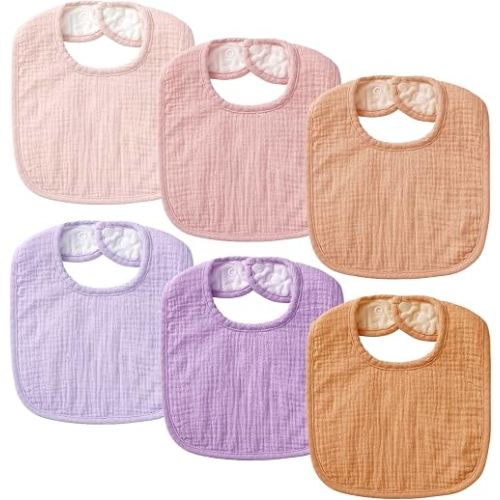 POIKSHARK 6-Pack Muslin Baby Bibs for Unisex Boys Girls, Soft Cotton Baby Drool Bibs, Solid Colors, Drooling and Teething Bibs for Infant, Newborn - Pink