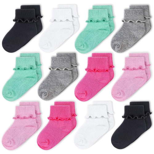 CozyWay Baby Girl Ruffle Socks - Turn Cuff Ankle Comfy Cotton Socks for Girls Babies Infants - For Ages 1-11 Months - Multi Color Black - 12 Pack