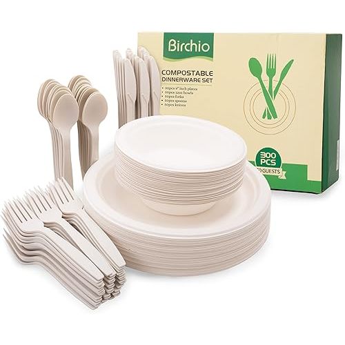 250 Piece (50 Sets) Biodegradable Paper Plates Set (EXTRA LONG UTENSILS), Disposable Dinnerware Set, Eco Friendly Compostable Plates & Utensil include Plates, Bowls, Forks, Knives and Spoons