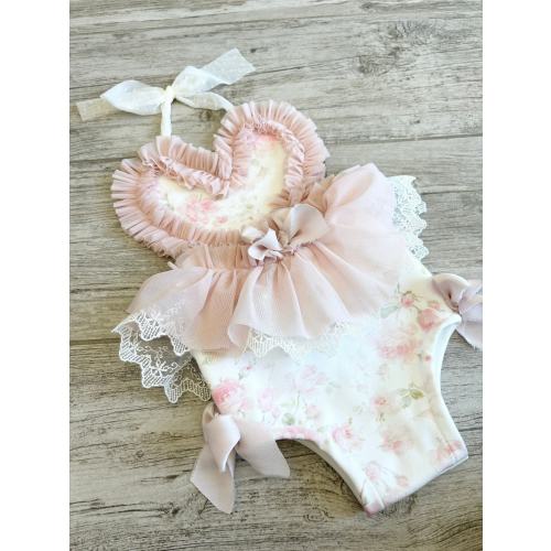 Soft pink rose with bows baby romper lace baby dress cake smash romper rosette romper baby pink baby dress