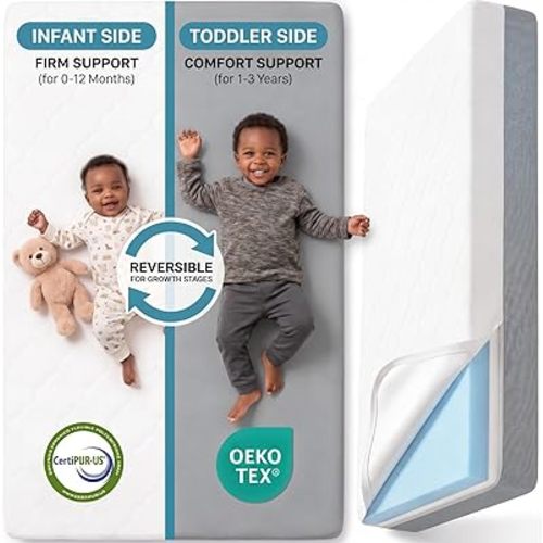 Dual Sided Baby Crib Mattress, 5 Inch Thick Soft & Firm Memory Foam Breathable Toddler Mattress, 4 in1 Standard Baby Bed Mattresses with Removable Washable Cover 52x27.6x5 - Gray
