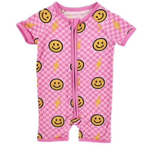 Pink Bolt Check Bamboo Short Romper