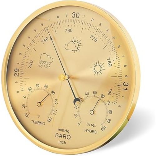 Barometer Thermometer Hygrometer 3-in-1 Wall Hanging,Ø17,5cm Aluminium Alloy Frame Weather Barometer with Glass Surface,Accurate Weather Station for Home Indoor Office Wall Decor（Fahrenheit）