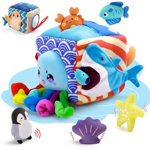 SAIMAND Baby Toys 6-12 Months–Mystery Soft Box with 5 Plush Marine Animals,Rattle,Crinkle Paper & Mirror–Montessori Sensory Toys for 6 Month Old Babies 1-3 Year Old Boy Girl Birthday