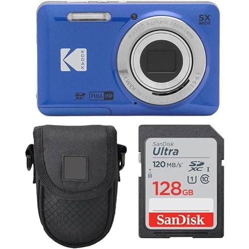 Kodak PIXPRO FZ55 Digital Camera (Blue) + Point & Shoot Camera Case + Sandisk 128GB SDXC Memory Card