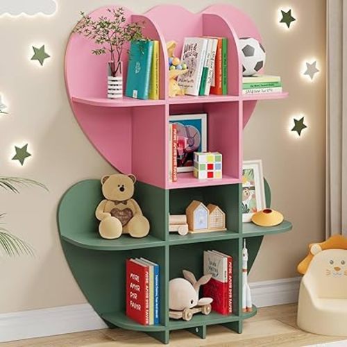 HOOBRO Toy Storage Organizer, Toy Organizers and Storage with 10 Cubbies, Tulip-Shaped Toy Shelf for Books & Dolls, Kids Bookshelf and Children Bookcase for Playroom, Pink and Green KJ93CW01