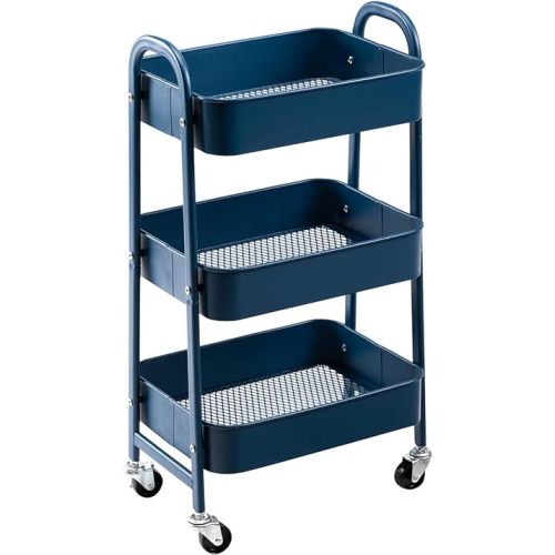 AGTEK 3 Tier Utility Rolling Cart with Lockable Wheels, Metal Multifunctional Storage, Organizer Cart for Kitchen, Office, Living Room, Makeup, Craft, Art Studio,Navy Blue