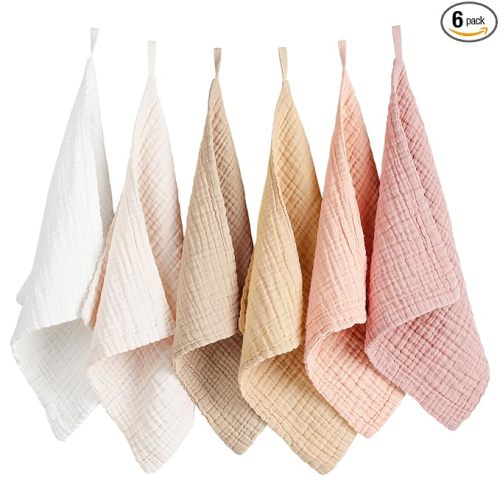 Konssy 6 Pack Baby Muslin Washcloths for Unisex 100% Cotton Wash Cloth Set for Baby Face Body Comfy and Soft for Newborn Infants Kids Girls and Boys