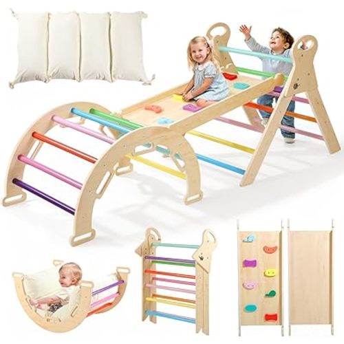 Pikler Triangle Set with Cushion, 7-in-1 Foldable Toddler Climbing Toys Indoor, Toddler Jungle Gym Indoor with Ramp, Arch and Ladder, Montessori Climbing Set, Climbing Toys for 1-6, Rainbow