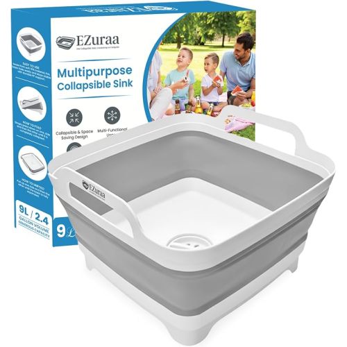EZuraa 2.4 gal(9L) Gray Collapsible Dish Basin, Portable Sink or Dish Pan for Kitchen Sink with Drain Plug/Strainer, Space Saving Baby Bottle Wash Basin Collapsible Bucket, Beverage Tub for Camping