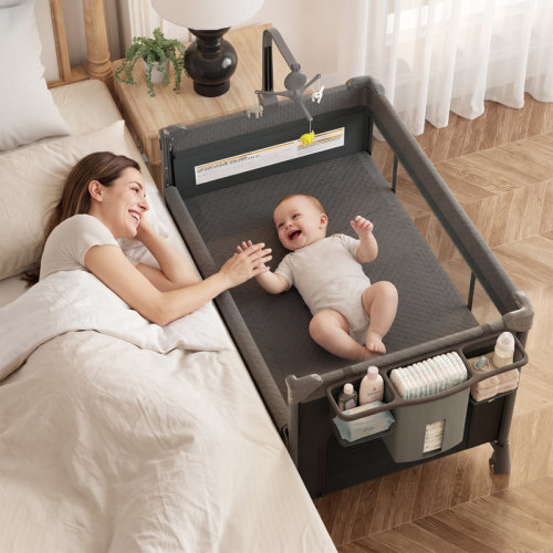 Latitude Run® Foldable Baby Bassinet Playard With Changing Table, Nursery Center With Toy Mobile And Storage, Gray | Wayfair