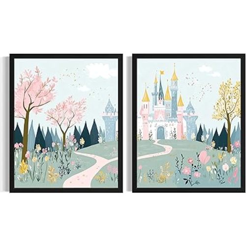 Princess Castle Nursery Decor Art Print Poster - Baby Girl Room Decorations Wall Art Cute, Child Fun Painting for Children Bedroom Bathroom AA19 (Princess Castle, 8 x 10 inches (2 Panels), Unframed)