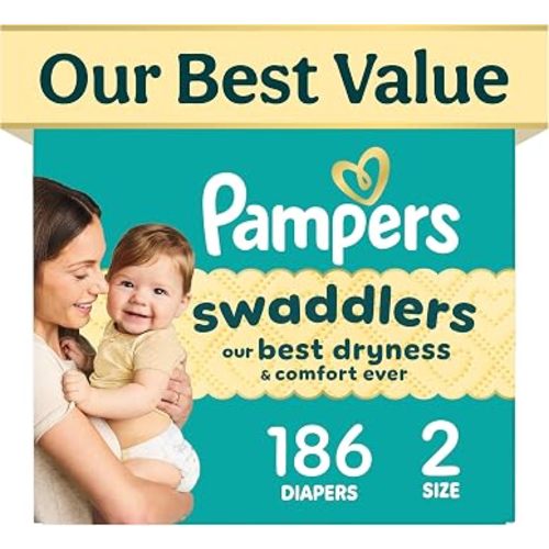 Pampers Swaddlers Diapers, Size 2 (10-22 lbs), 186 Count, Fragrance Free, Hypoallergenic, Absorbent, Pediatrician Recommended, Skin Safe