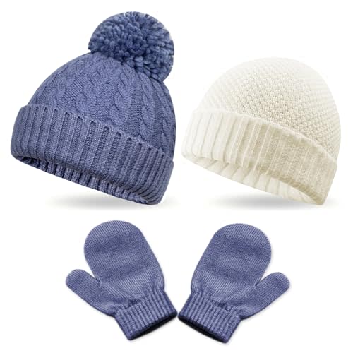 3 Pack Kids Winter Warm Beanie & Mittens Set, Soft Cable Knit Hat For Children's Toddler Baby, Cozy Girls Boys Cap & Gloves