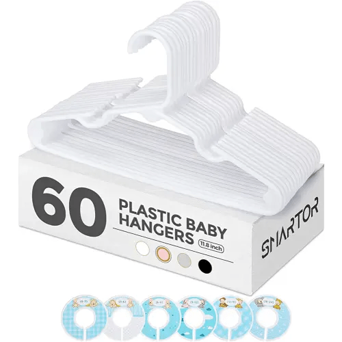 Smartor White Plastic Baby Hangers, Kids Hangers with Dividers, Baby Clothes Hangers for Closet, Cute Baby Hangers for Nursery, Clothing Hangers for Infant, Baby, Kids, Newborn, Nursery- 60 Pack