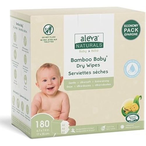 Aleva Naturals Bamboo Baby Dry Wipes Value Pack, 3 X 60ct = 180 Wipes Total