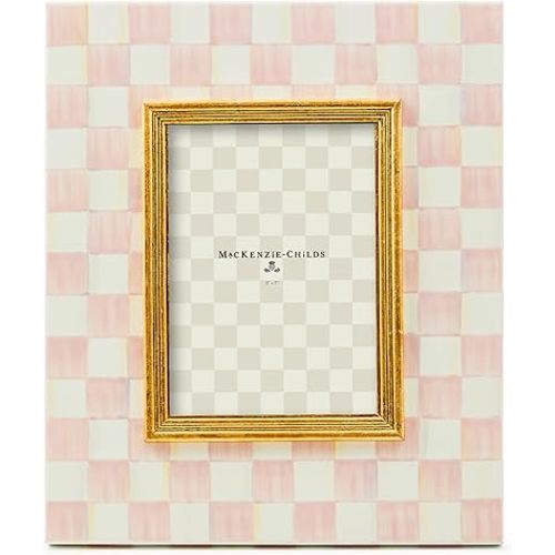 MACKENZIE-CHILDS Enamel Frame, Cute Rectangular Family Picture Frame, Pink-and-White Rosy Check, 5" x 7"